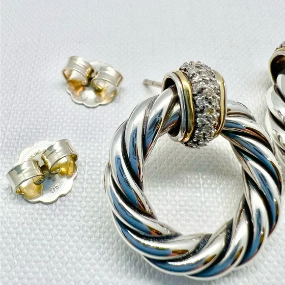 David Yurman Sterling Silver 18k Diamond Cable Door Knocker Earrings - Picture 6 of 12